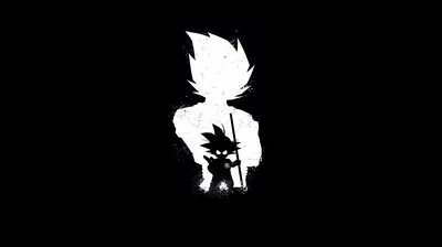 Small Goku with his power pole stands centred, his adult super saiyan form rising behind him as a soft white silhouette on pure black.