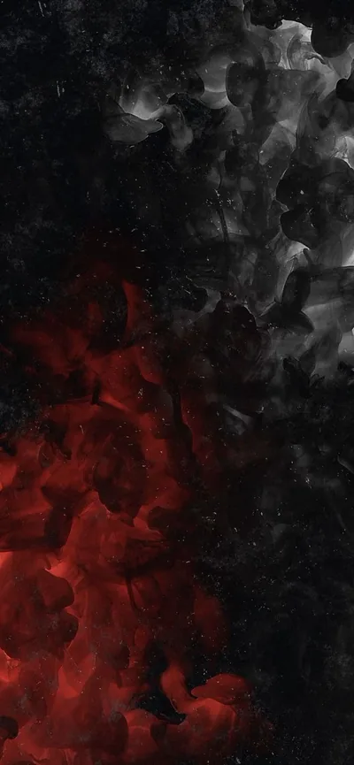 Painted smoke drifts across black, crimson billowing up from the lower left while ash-grey clouds hold the upper right, a dark diagonal band between them.
