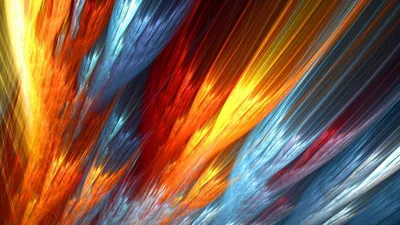 Diagonal plumes of orange flame and icy blue sweep up from the lower left like feathers on fire, the fractal grain still sharp at 1080p.