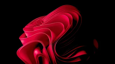 The Windows 11 bloom rendered in red, layered petals of folded ribbon opening against pure black and lit from the upper left.