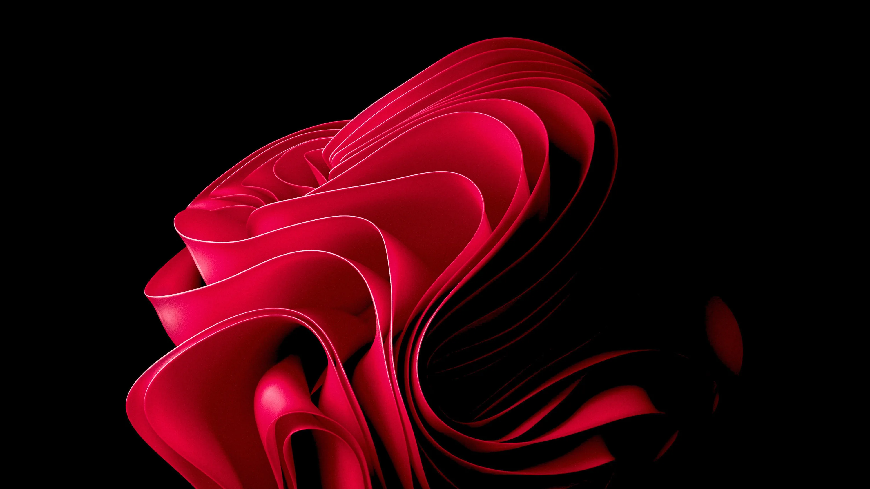 The Windows 11 bloom rendered in red, layered petals of folded ribbon opening against pure black and lit from the upper left.