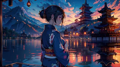A girl in a blue floral kimono stands before a lake at dusk, tiered pagoda silhouettes and lantern reflections trailing off to the right.