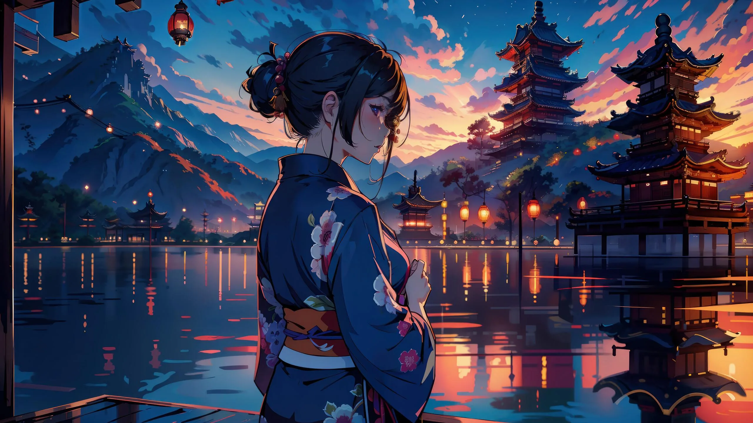 A girl in a blue floral kimono stands before a lake at dusk, tiered pagoda silhouettes and lantern reflections trailing off to the right.
