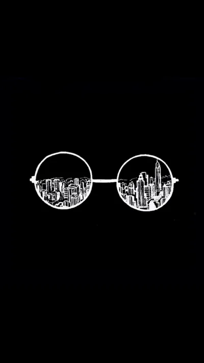 A pair of round wire spectacles floats at centre, a sketched skyline of towers filling each lens, while the surrounding frame stays solid dark on every side.