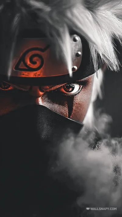 A close crop of a masked face with a scarred eye, red tones over grey and smoke rolling up across the bottom of the frame.