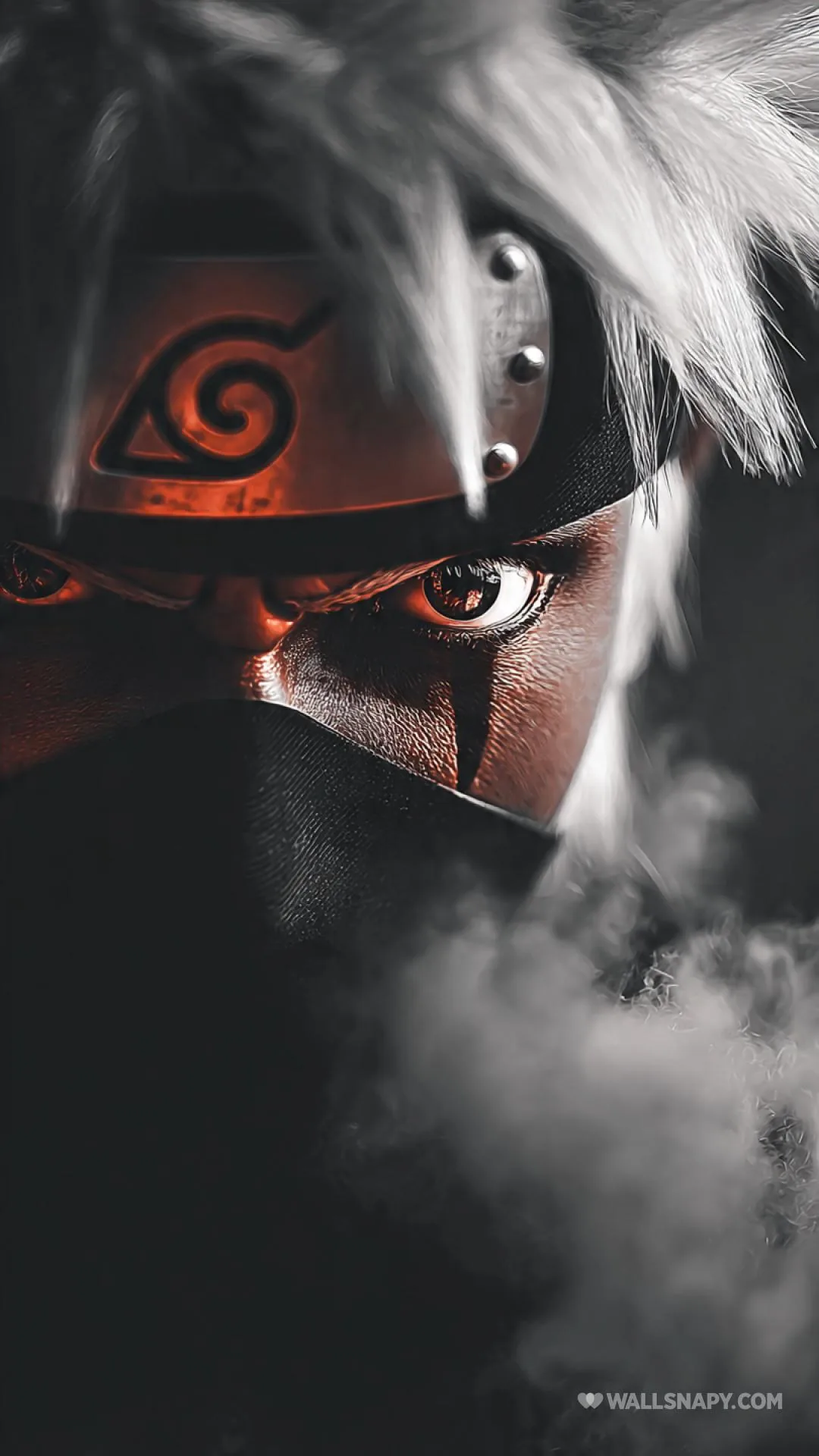 A close crop of a masked face with a scarred eye, red tones over grey and smoke rolling up across the bottom of the frame.