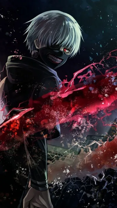 White-haired Kaneki glances back with one red ghoul eye as his kagune splinters into red fragments streaking across the dark night frame.