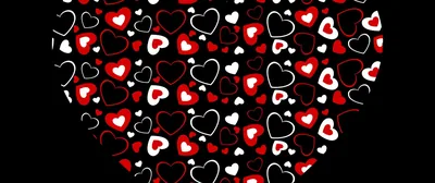 One large heart filled with rows of small red, white and black hearts floats at centre, both far ends of the ultrawide frame solid black.