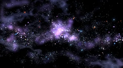 Purple gas clouds wrap around clumps of bright stars, thinning towards the corners where the black shows through.