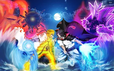 Naruto in golden chakra faces Sasuke beneath a full moon, Kurama's orange avatar rising on the left and the blue Susanoo answering on the right.