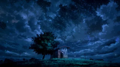 A lone tree and a lit shack sit on a grassy rise while thick blue night cloud and scattered stars fill most of the frame.