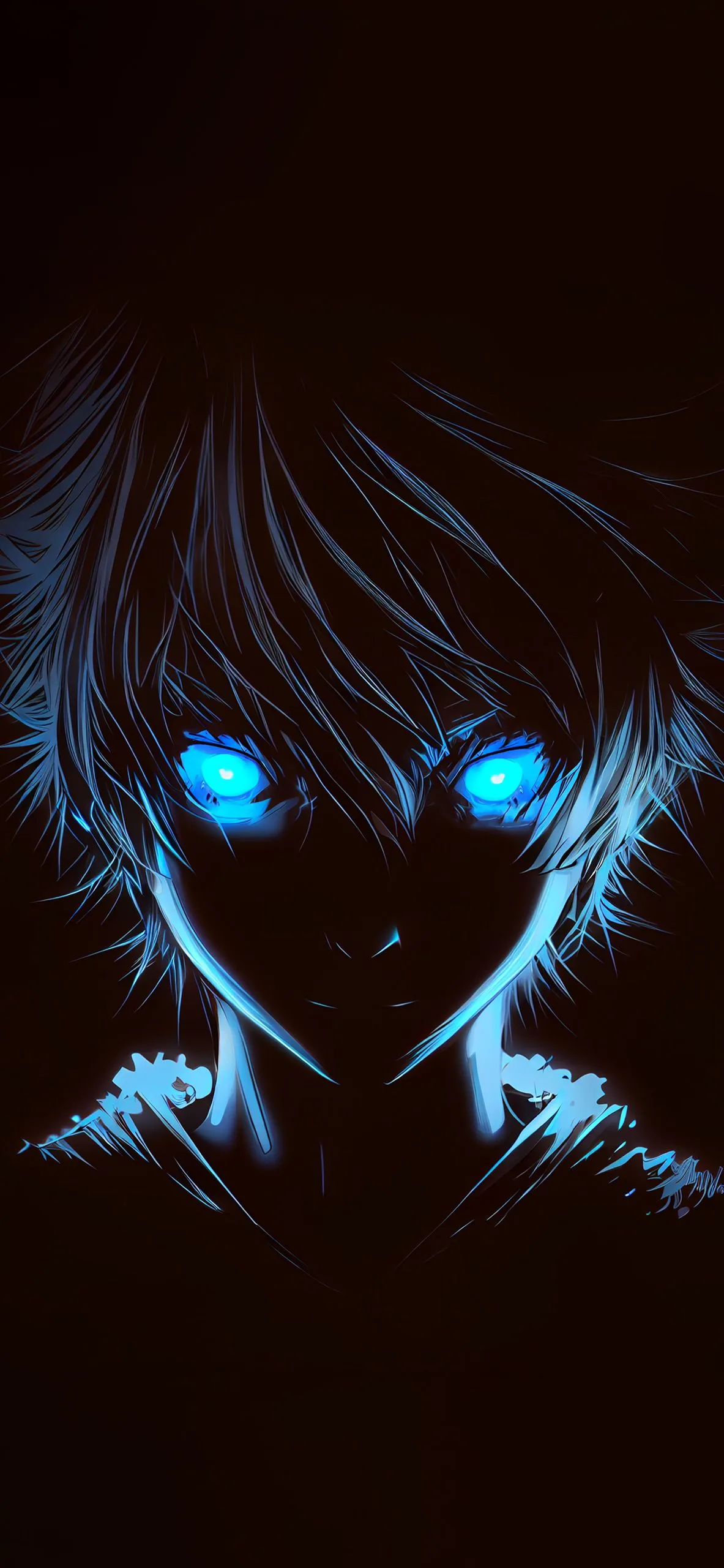 A face emerges from almost total black, only the blue eyes and thin light along the hair and collar breaking the darkness.