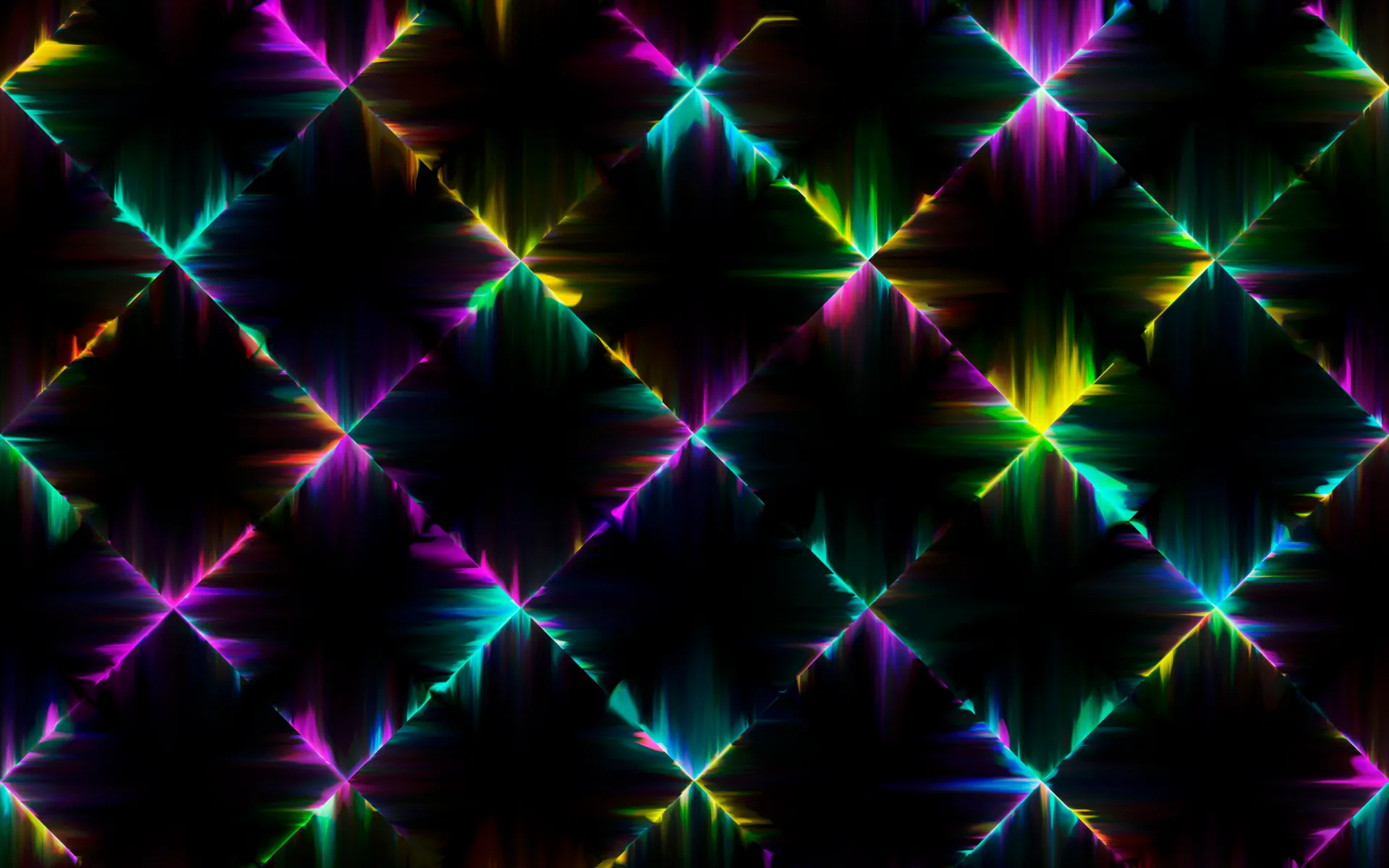 A lattice of diamond shapes where pink, green and blue light bursts flare at every crossing, solid black gaps holding the grid together.