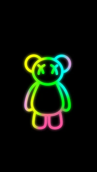 A cartoon bear with X eyes drawn in one gradient neon line — green, yellow, pink — on pure black, the whole top third left dark for the clock.