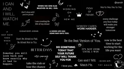 Dozens of short handwritten and typed phrases fill a black board at different angles and sizes, with a few small crowns and hearts between them.