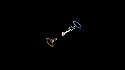 A small white figure falls between an orange portal low in the frame and a blue one above it, the rest left in flat black.