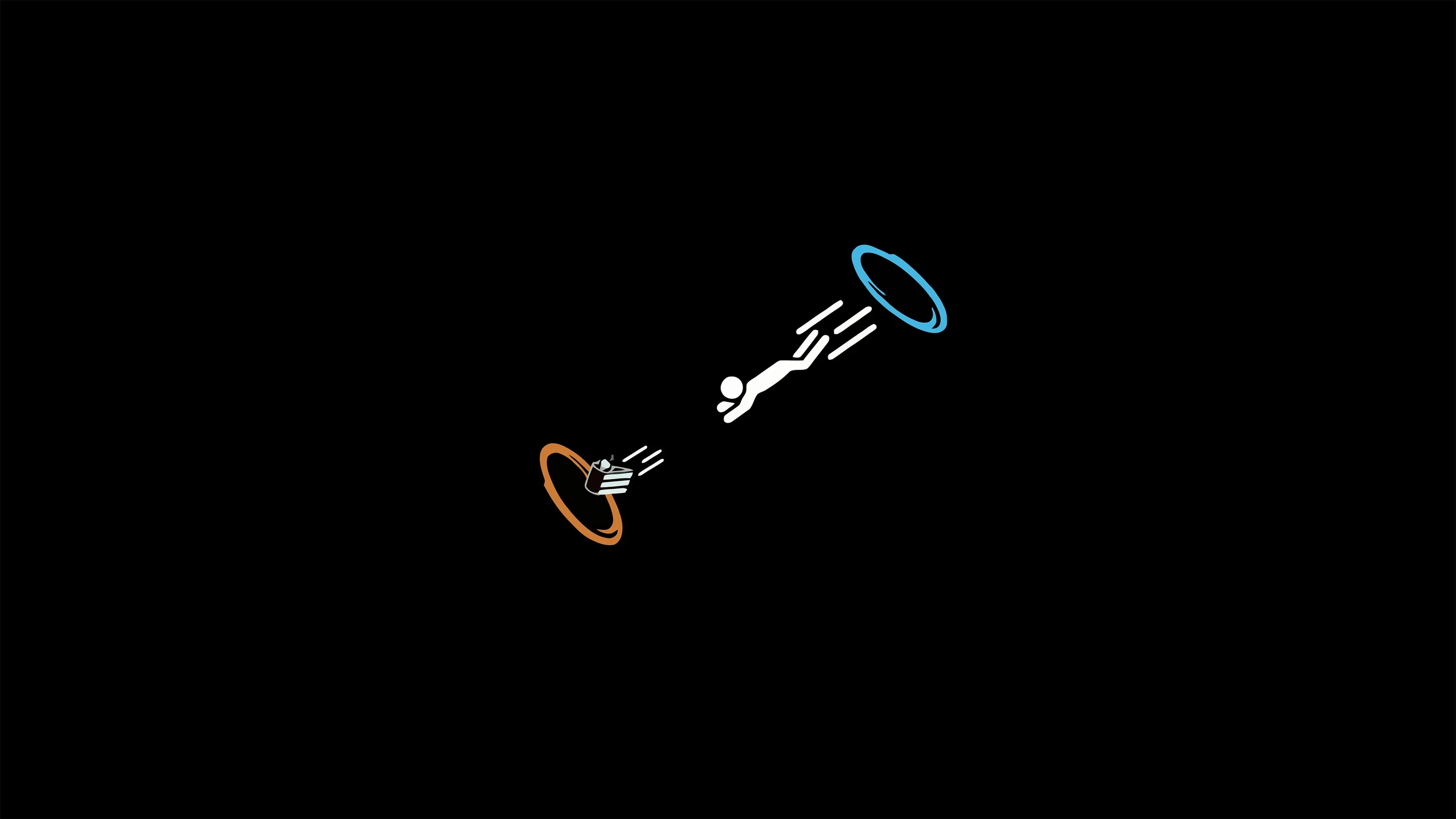 A small white figure falls between an orange portal low in the frame and a blue one above it, the rest left in flat black.