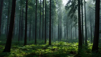 Bright ferns blanket the floor beneath straight dark trunks that fade into grey haze, the soft upper half leaving room for a menu bar.