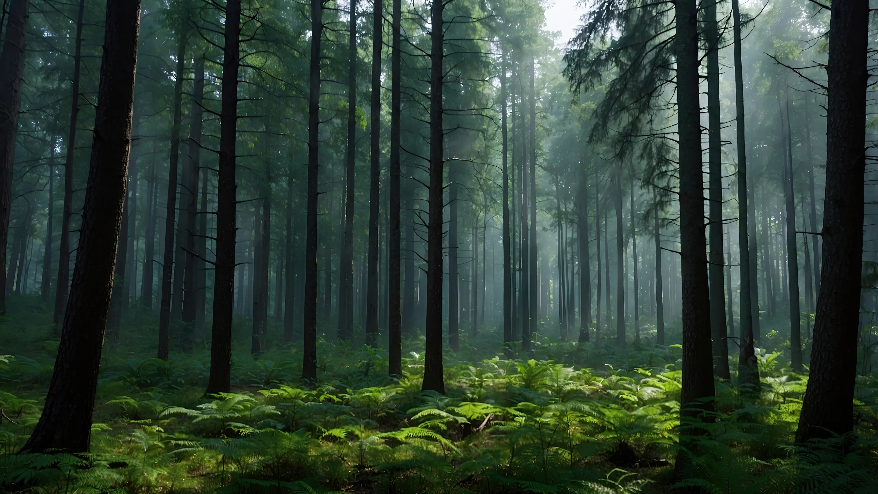 Bright ferns blanket the floor beneath straight dark trunks that fade into grey haze, the soft upper half leaving room for a menu bar.