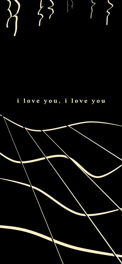 Thin gold curves sweep across the lower half of a black frame, with i love you, i love you set in small type just above them.