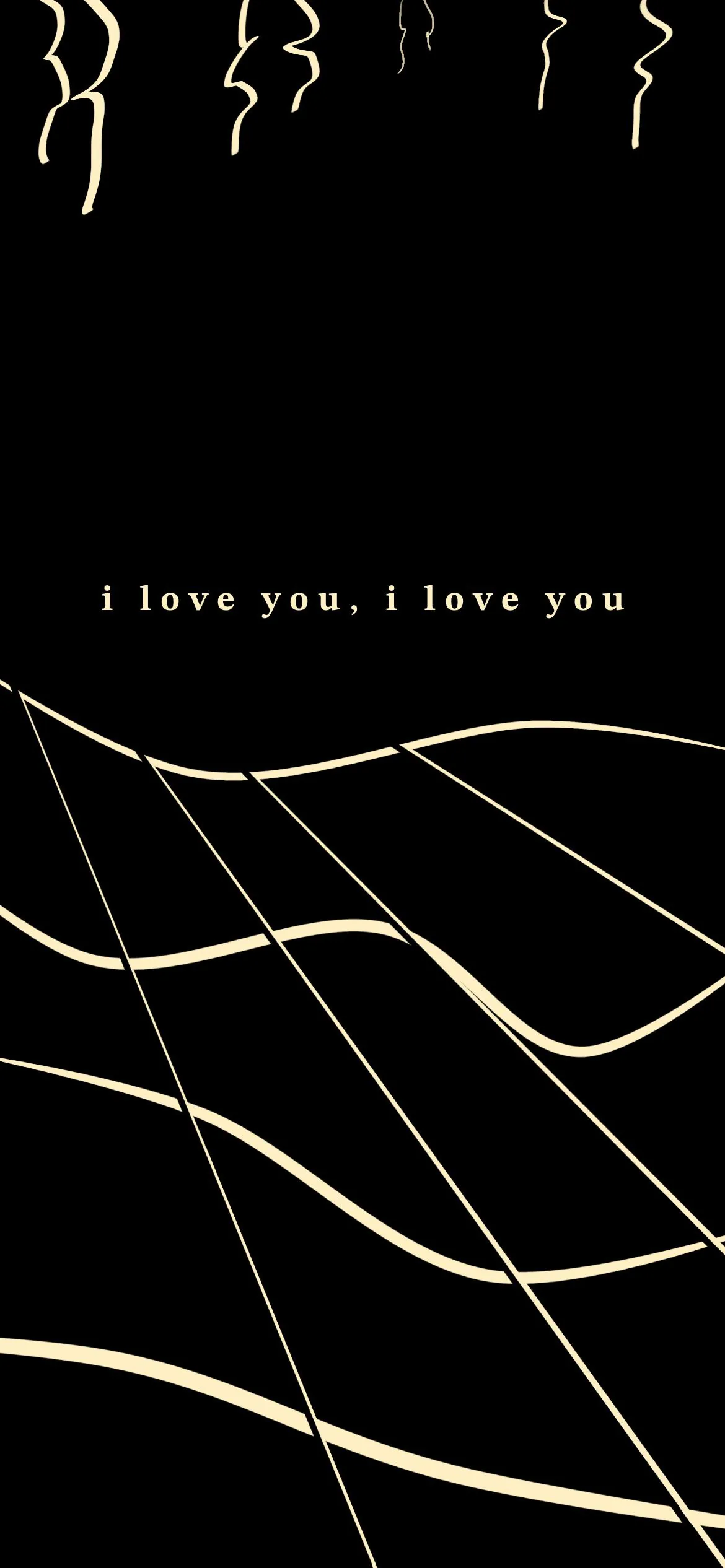 Thin gold curves sweep across the lower half of a black frame, with i love you, i love you set in small type just above them.