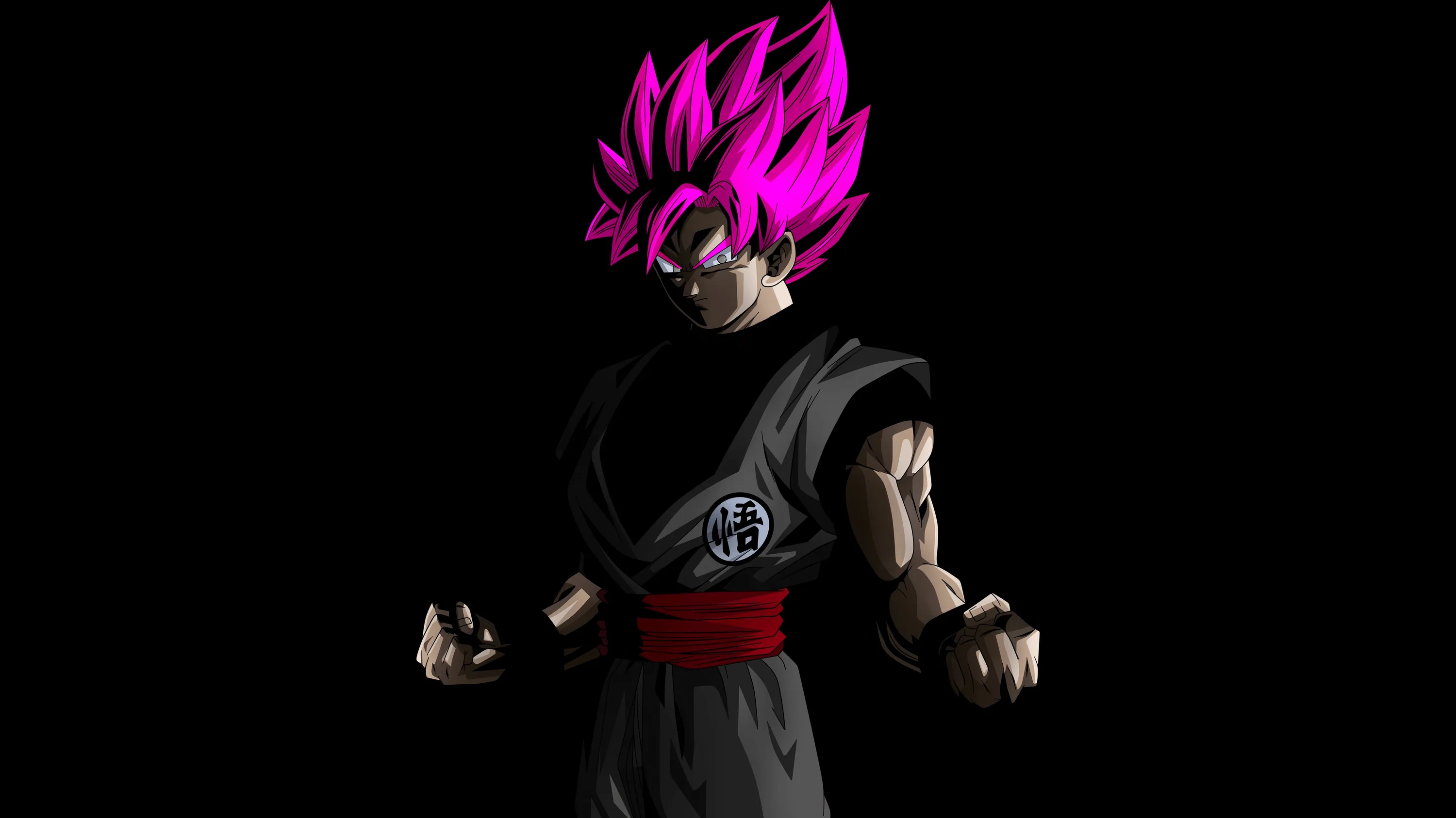 Goku Black stands square to the camera in his dark gi and red sash, pink Rose hair the single bright element on pure black.