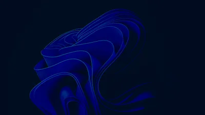 The Windows 11 bloom drawn as thin outlines only, cobalt ribbons looping across a midnight blue field with no fill inside.