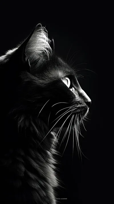 A long-haired cat turns its head in profile, the fur along its back rimmed with grey light and the right half of the frame solid black.