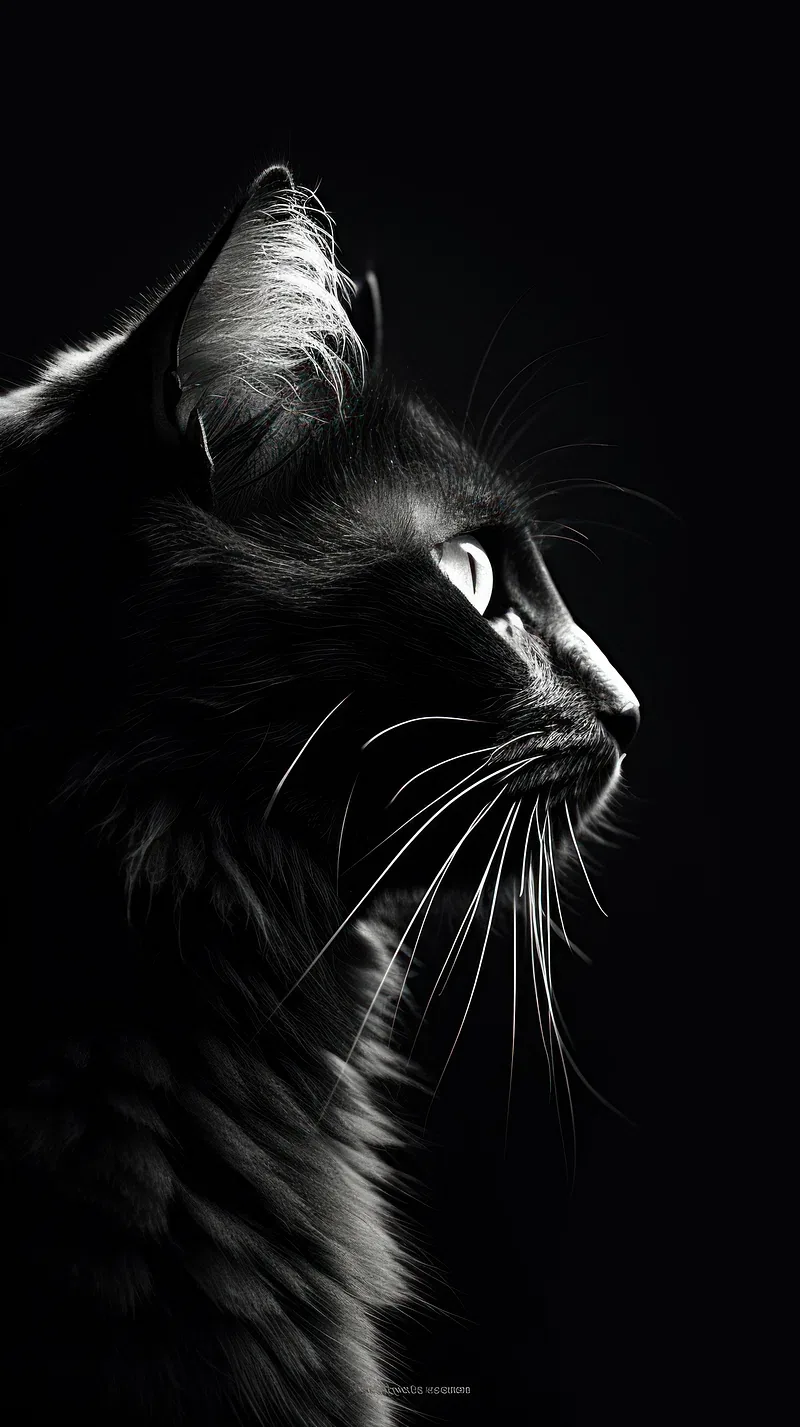 A long-haired cat turns its head in profile, the fur along its back rimmed with grey light and the right half of the frame solid black.