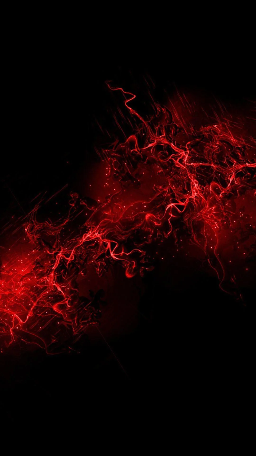 Threads of red energy tangle across the middle of the frame like a discharge caught mid-arc, the corners left as flat black.