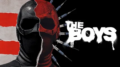 The torn black and red mask sits at the left with the dripping series logo on the right, flag stripes bleeding in at the edge.