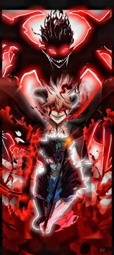 A giant neon-red devil grin looms at the top while Asta stands below wreathed in black flame, the tall crop keeping most colour in the upper half.