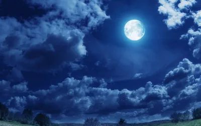 Moonlight picks out heavy blue clouds above a dark meadow and treeline, the small bright moon tucked into the top right corner.