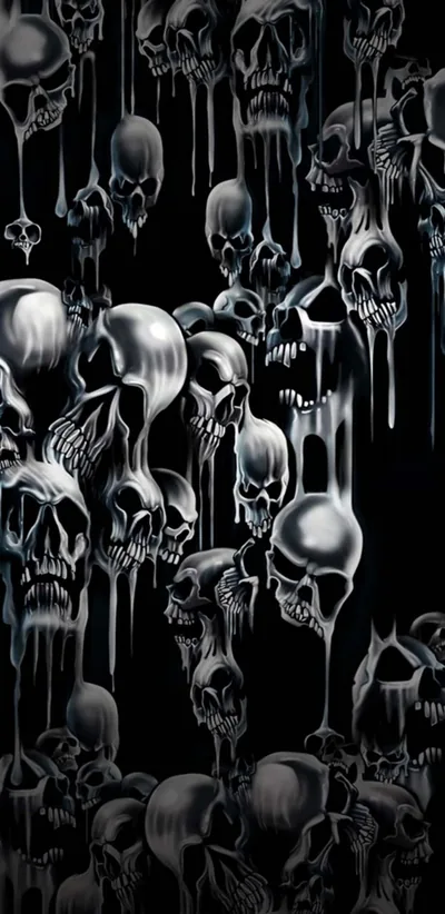 Chrome-toned skulls drip down a tall black panel in airbrush style, highlights sharp on the top row and fading into the dark below.