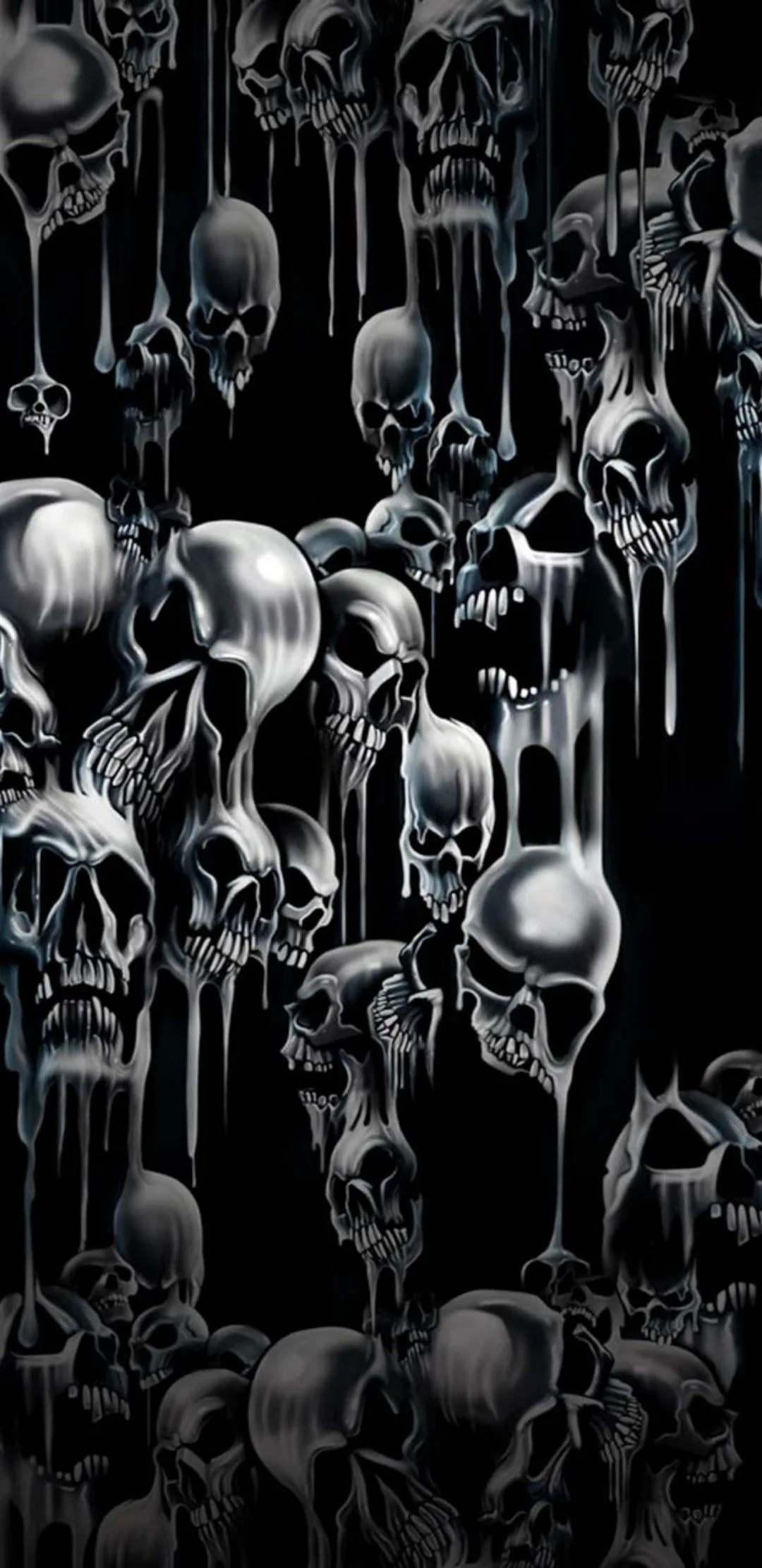 Chrome-toned skulls drip down a tall black panel in airbrush style, highlights sharp on the top row and fading into the dark below.