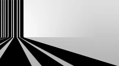 Vertical bars along the left wall fold into the floor and stretch toward the viewer, splitting the frame into hard black and white wedges.