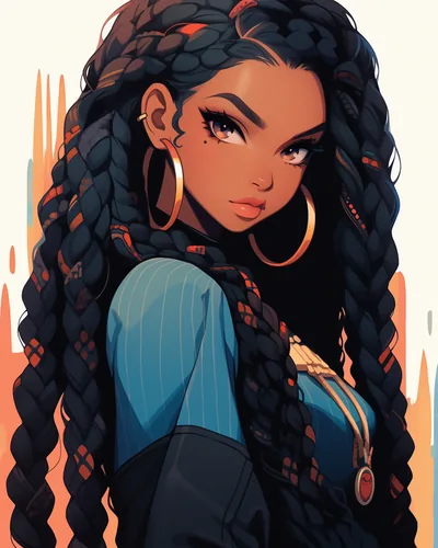 Thick braids fall past her waist over a blue ribbed jacket, large hoop earrings and a warm cream background keeping the focus on her face.