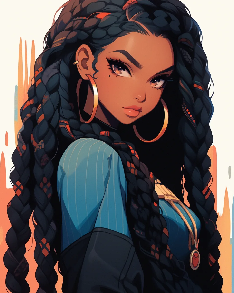 Thick braids fall past her waist over a blue ribbed jacket, large hoop earrings and a warm cream background keeping the focus on her face.