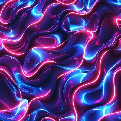 Glossy dark waves rimmed in hot pink and electric blue fold over each other like lit liquid metal, busy at every scale so any crop works.