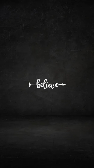 The single word believe, written in cursive between two small arrows, floats just above centre on a scuffed chalkboard black, leaving wide space for icons.