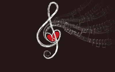 A chalk-drawn treble clef holds a red heart in its curve, a staff of hand-sketched notes trailing off to the right on dark brown.