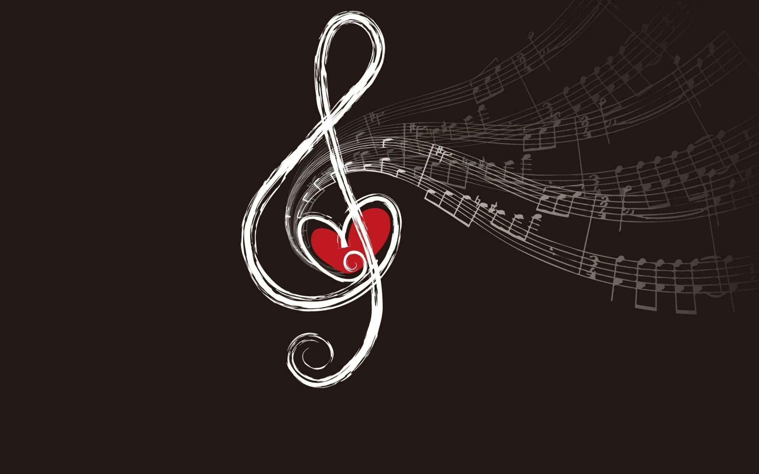 A chalk-drawn treble clef holds a red heart in its curve, a staff of hand-sketched notes trailing off to the right on dark brown.
