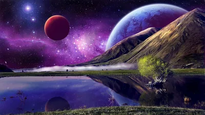 A red moon and a giant blue planet share a purple sky above a mountainside, the whole scene doubled in the still lake along the bottom.