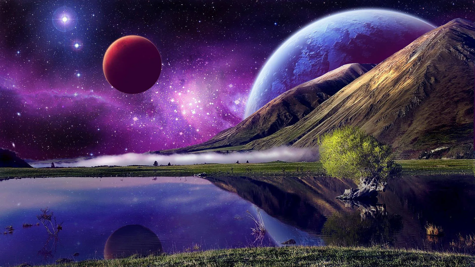 A red moon and a giant blue planet share a purple sky above a mountainside, the whole scene doubled in the still lake along the bottom.