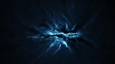 Wispy blue filaments flare outward from a bright core like ink in dark water, all four corners fading to true black for OLED screens.