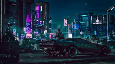 The same overlook after dark, a merc bent over his car's engine while distant billboards turn the skyline pink and teal.