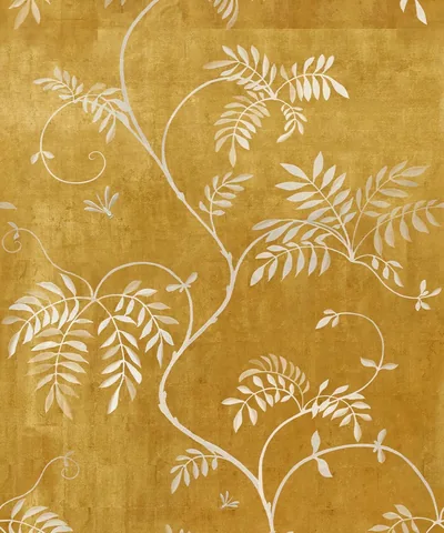 Pale silvery leaves climb a slender vine over mottled antique gold, the branch curving up the centre in chinoiserie style.