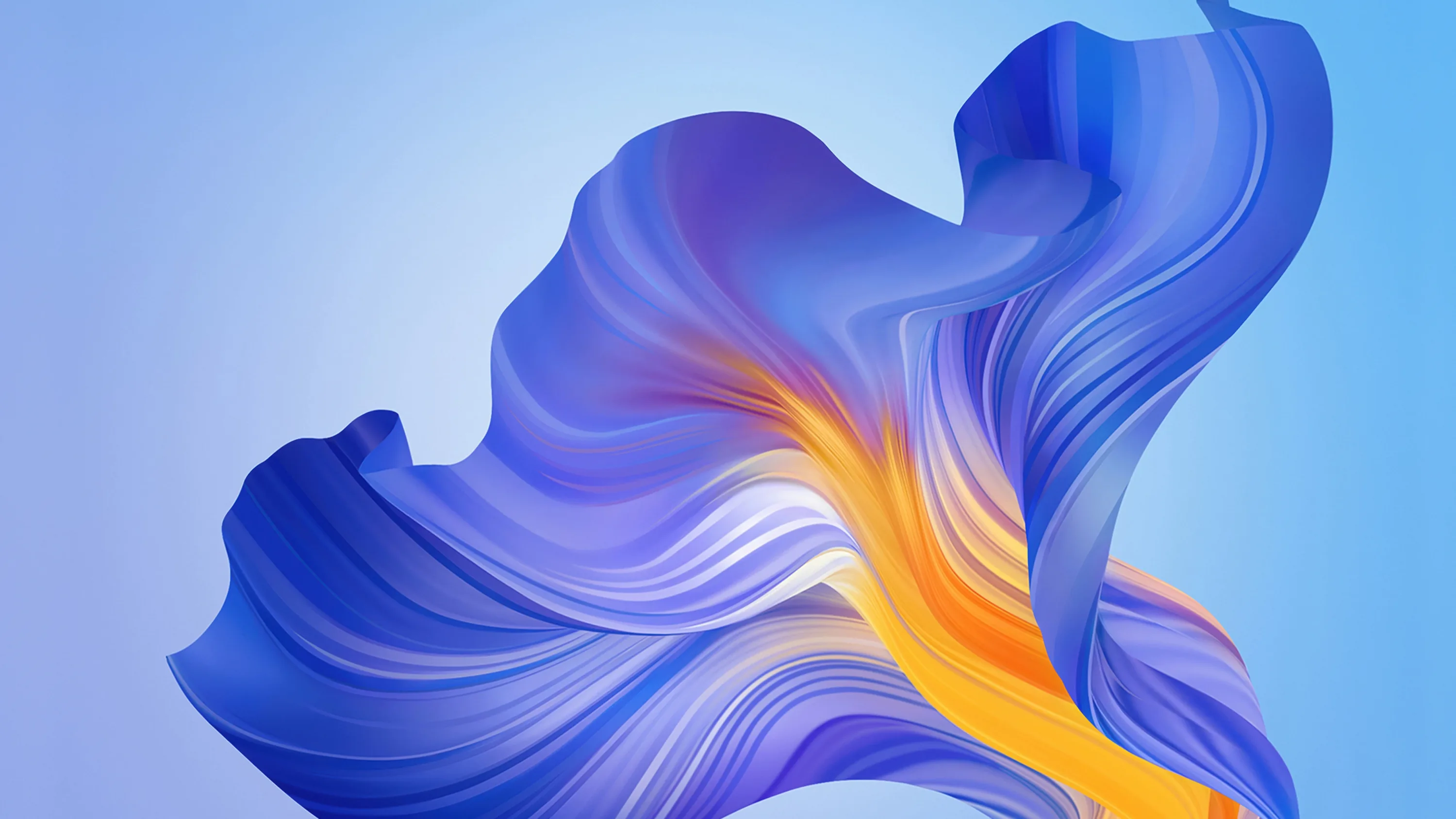 Petals of blue fabric twist around an orange core on a sky-blue gradient, the swirl sitting left of centre so it survives a phone crop.