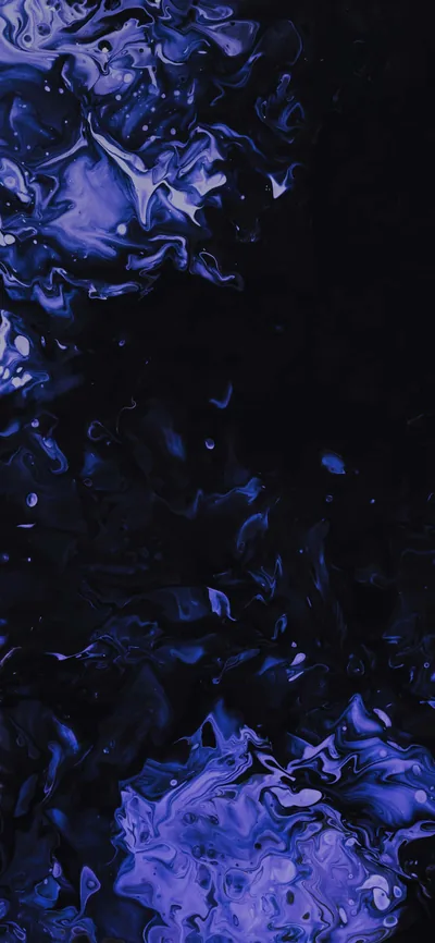 Violet blue paint clusters press in from the top left and bottom of the frame, leaving the centre flat black where icons and text stay readable.