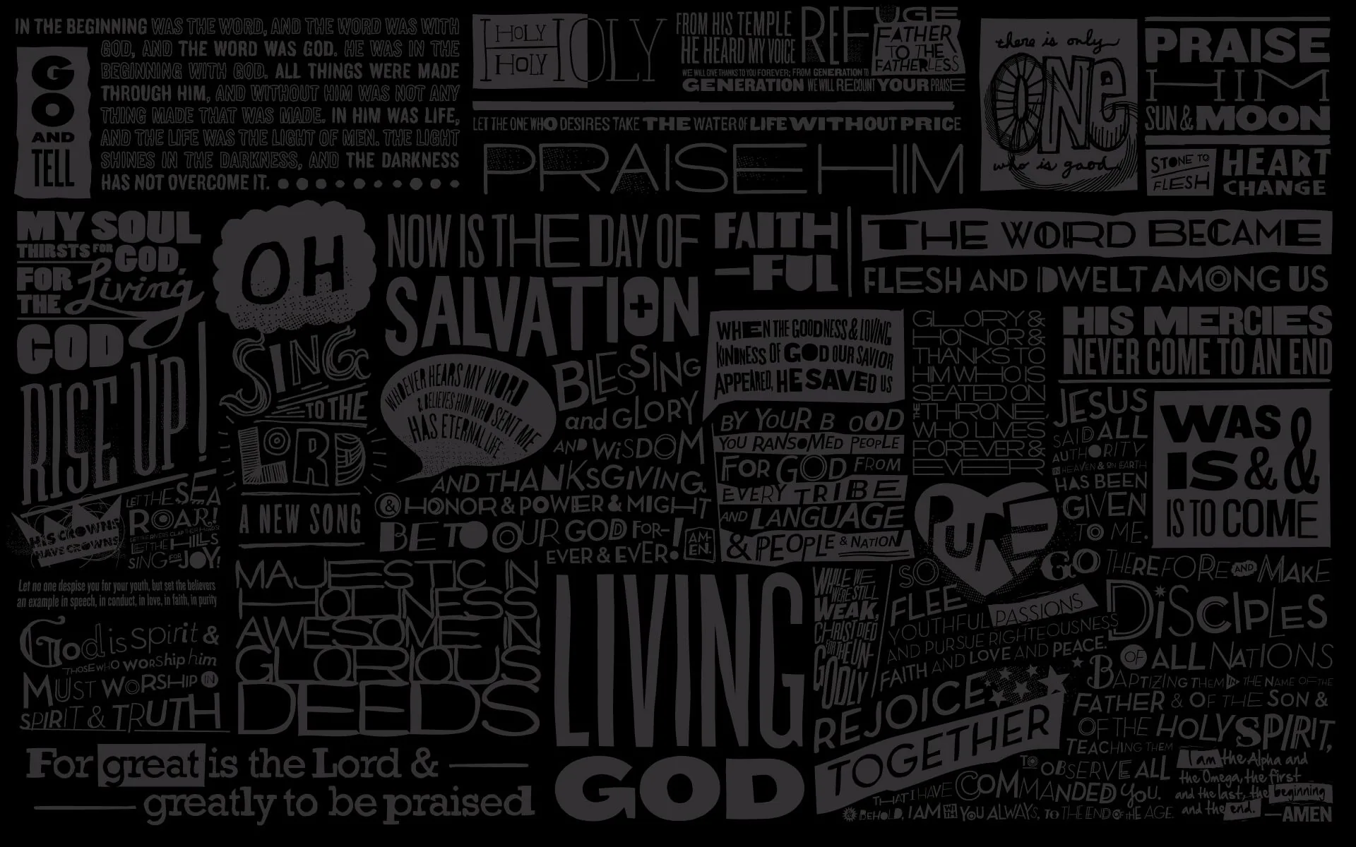 Dozens of hand-drawn phrases and letterforms pack the frame in charcoal on black, sizes shifting throughout.
